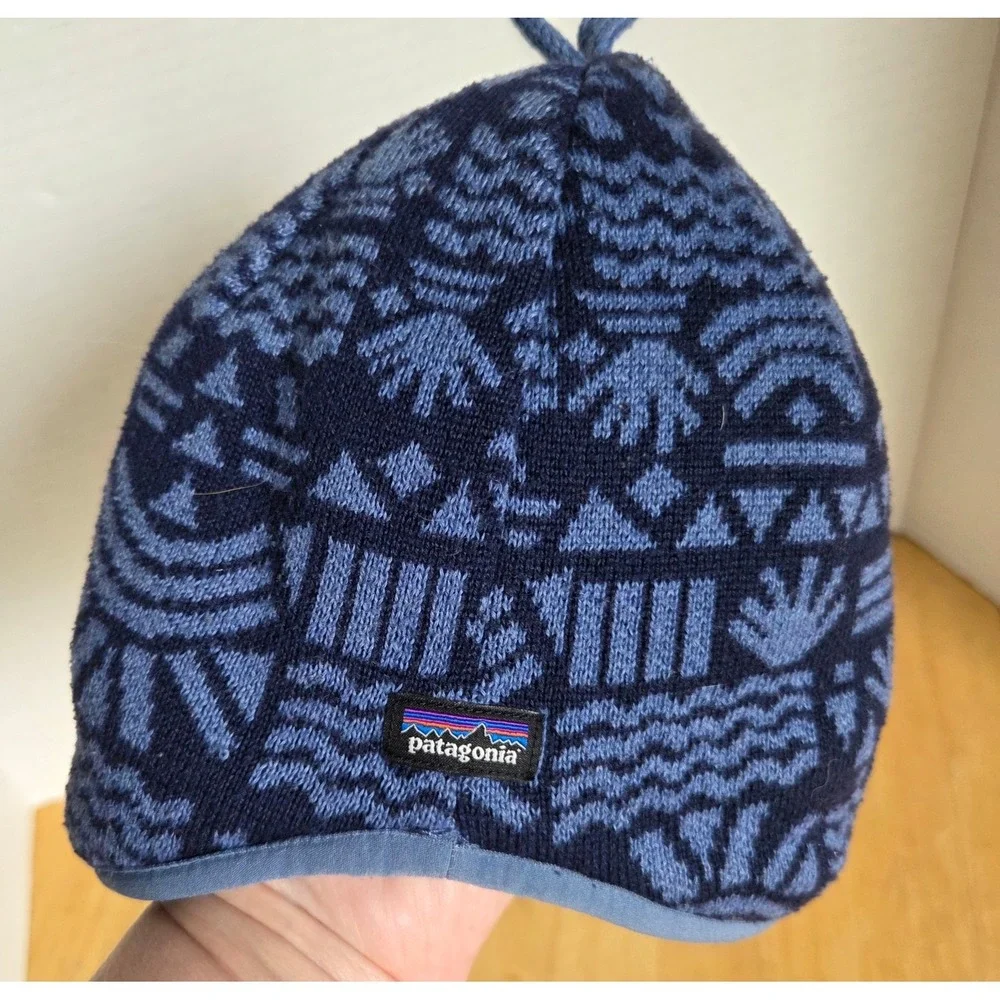 Patagonia Baby Infant Reversible Winter Beanie Hat Blue Geometric 12-24 months